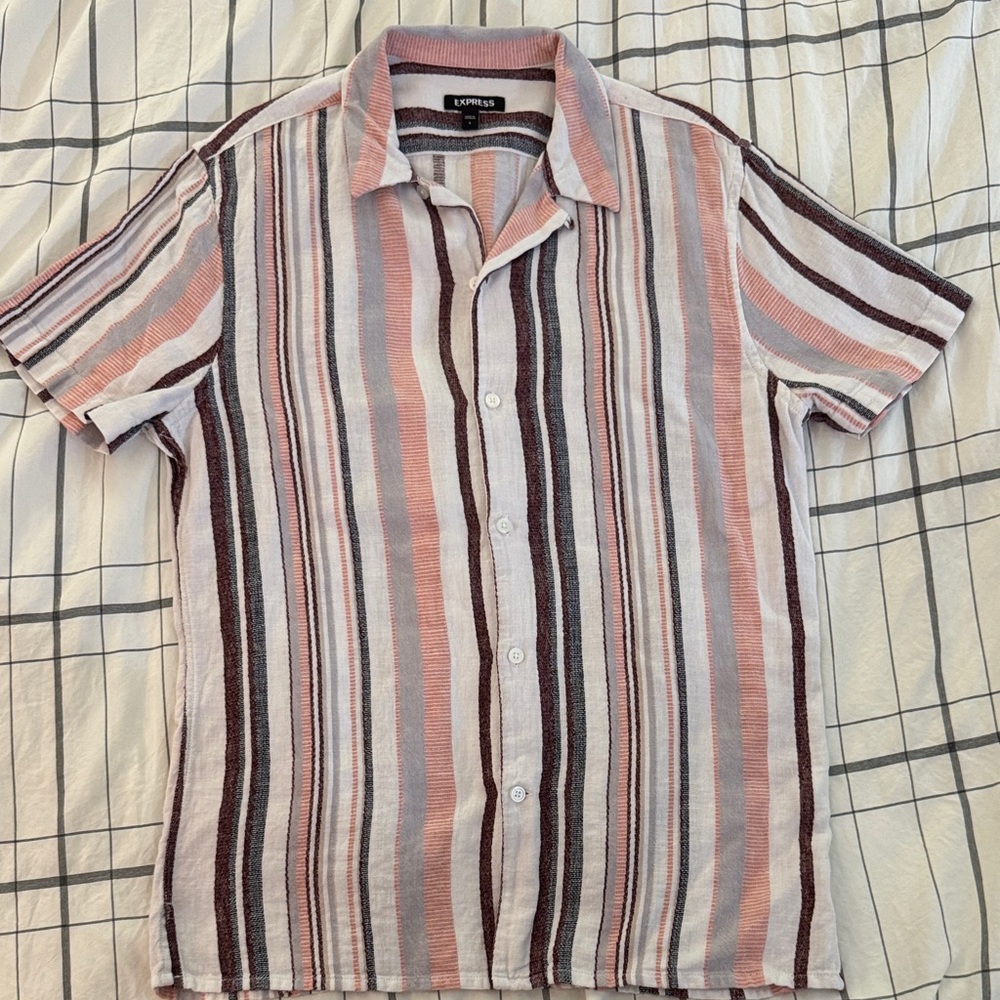 Express Men's Casual Striped Shirt - Pink, Brown, White